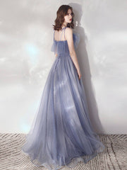 Blue A-Line Tulle Long Prom Dresses, Blue Formal Graduation Dresses - RongMoon