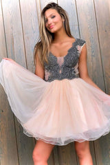 Cute v neck tulle beads short prom dress tulle homecoming dress - RongMoon