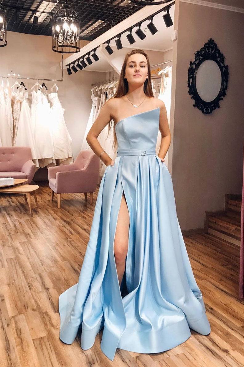 Simple blue satin long prom dress blue blue evening dress - RongMoon