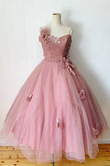 Pink sweetheart tulle tea length prom dress bridesmaid dress - RongMoon