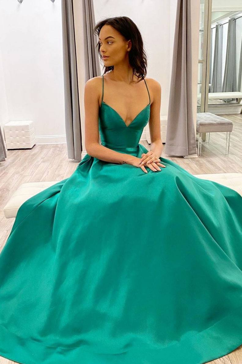Simple green satin long prom dress green evening dress - RongMoon