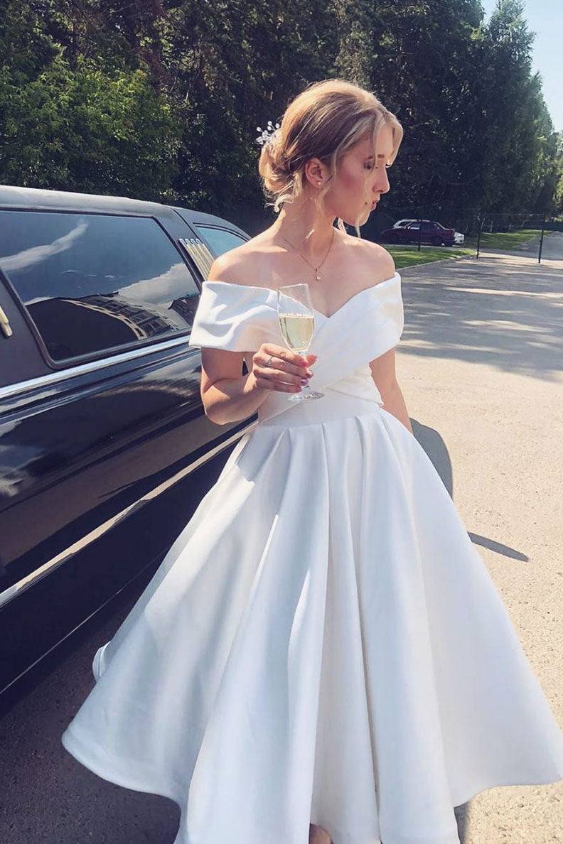White off shoulder tea length prom dress white bridesmaid dress - RongMoon