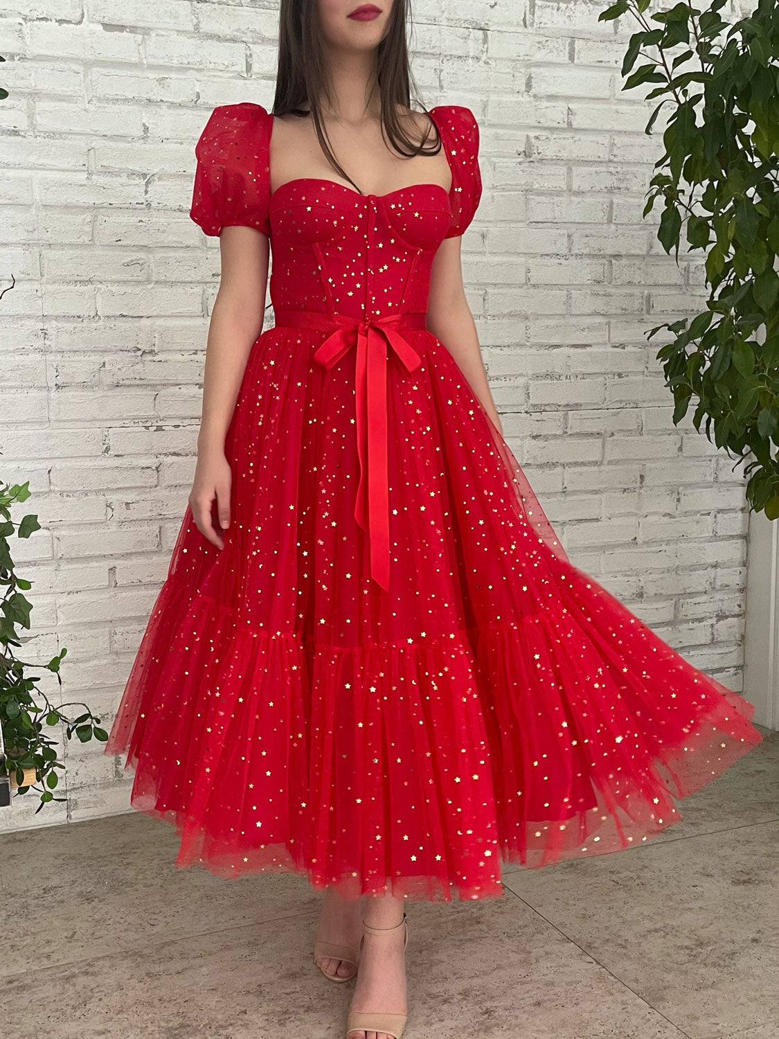 Red tulle tea length prom dress, red evening dress - RongMoon