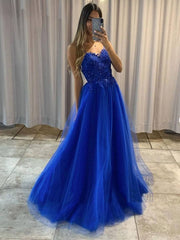 Blue tulle lace long prom dress, blue tulle lace evening dress - RongMoon