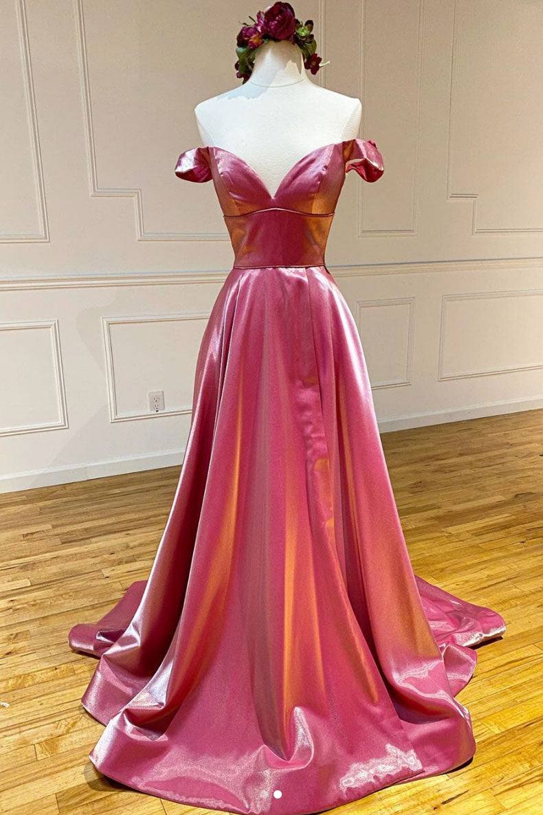 Simple sweetheart off shoulder satin long prom dress - RongMoon