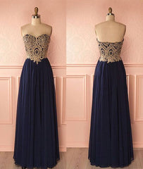 Sweetheart neck lace dark blue long prom dress, evening dress - RongMoon