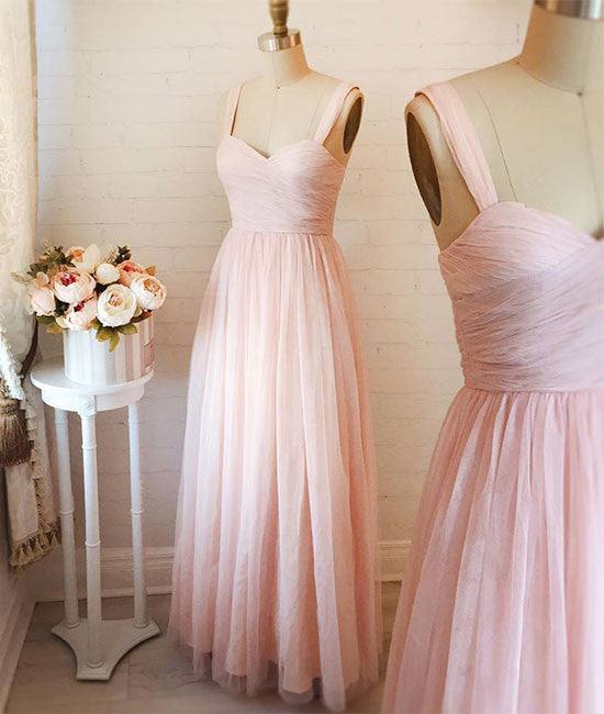 Pink sweetheart neck tulle long prom dress, pink evening dress - RongMoon