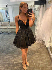 Black v neck tulle sequin short prom dress, black homecoming dress - RongMoon