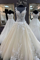 Champagne tulle lace long prom dress, champagne evening dress - RongMoon