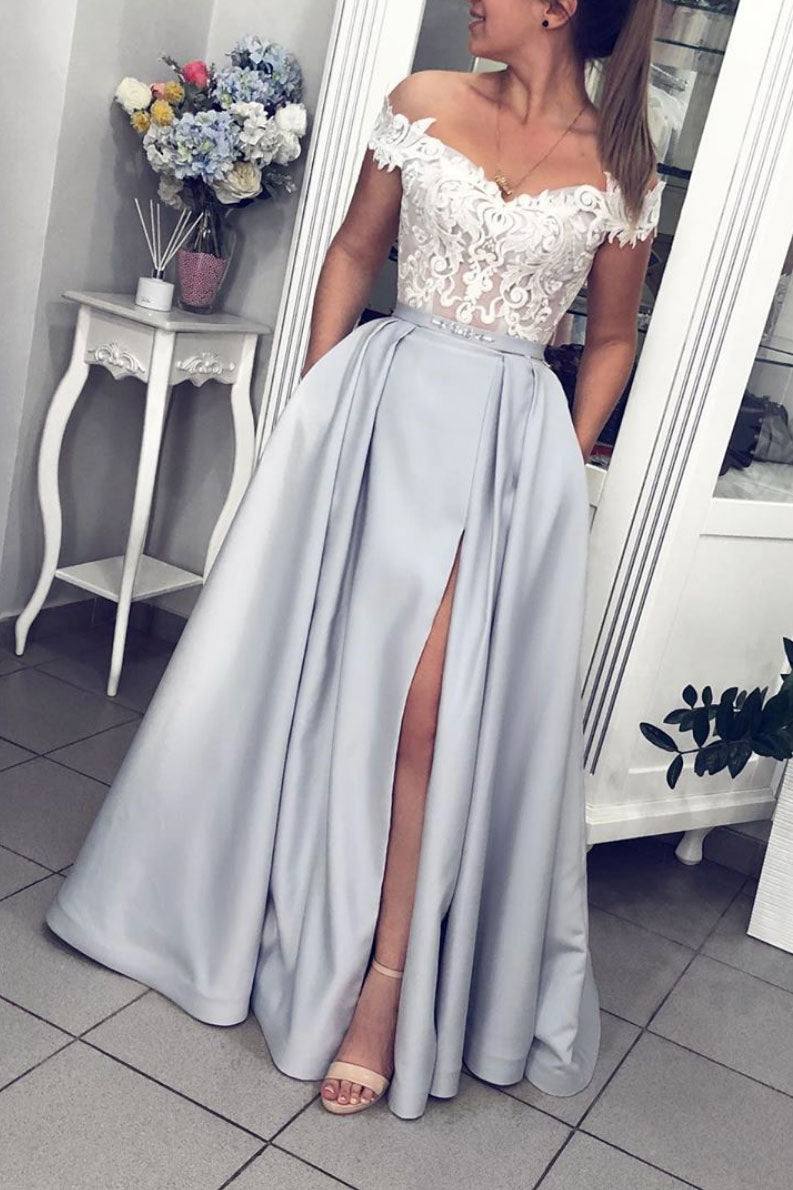 Gray lace off shoulder satin long prom dress gray lace evening dress - RongMoon