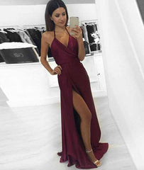 Simple v neck burgundy long prom dress, burgundy evening dress - RongMoon