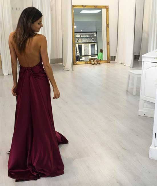 Simple v neck burgundy long prom dress, burgundy evening dress - RongMoon