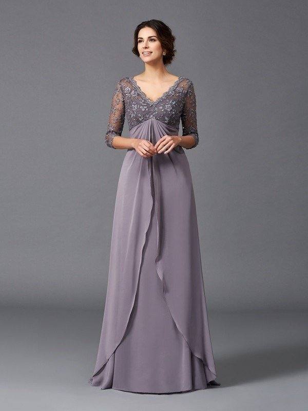 A-Line/Princess V-neck Lace 3/4 Sleeves Long Chiffon Mother of the Bride Dresses - RongMoon