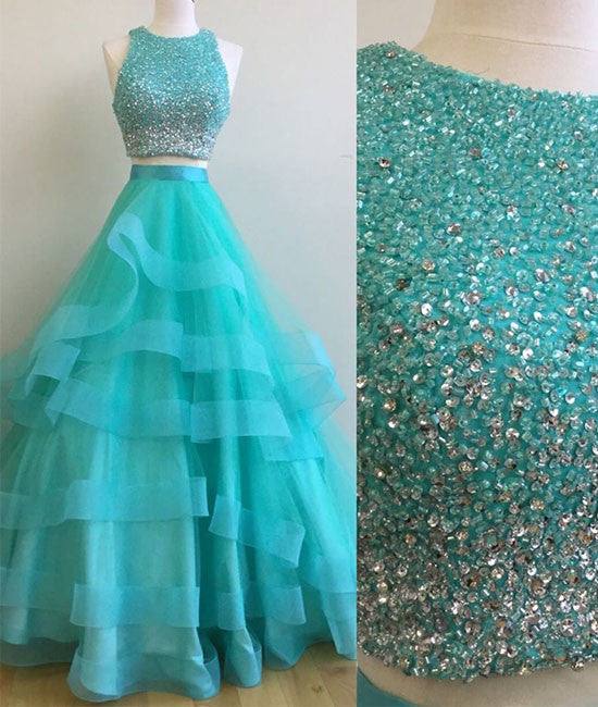 Green two pieces sequin long prom gown, green evening dress - RongMoon