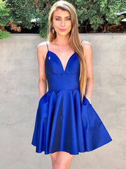 Blue v neck satin short prom dress, blue homecoming dress - RongMoon