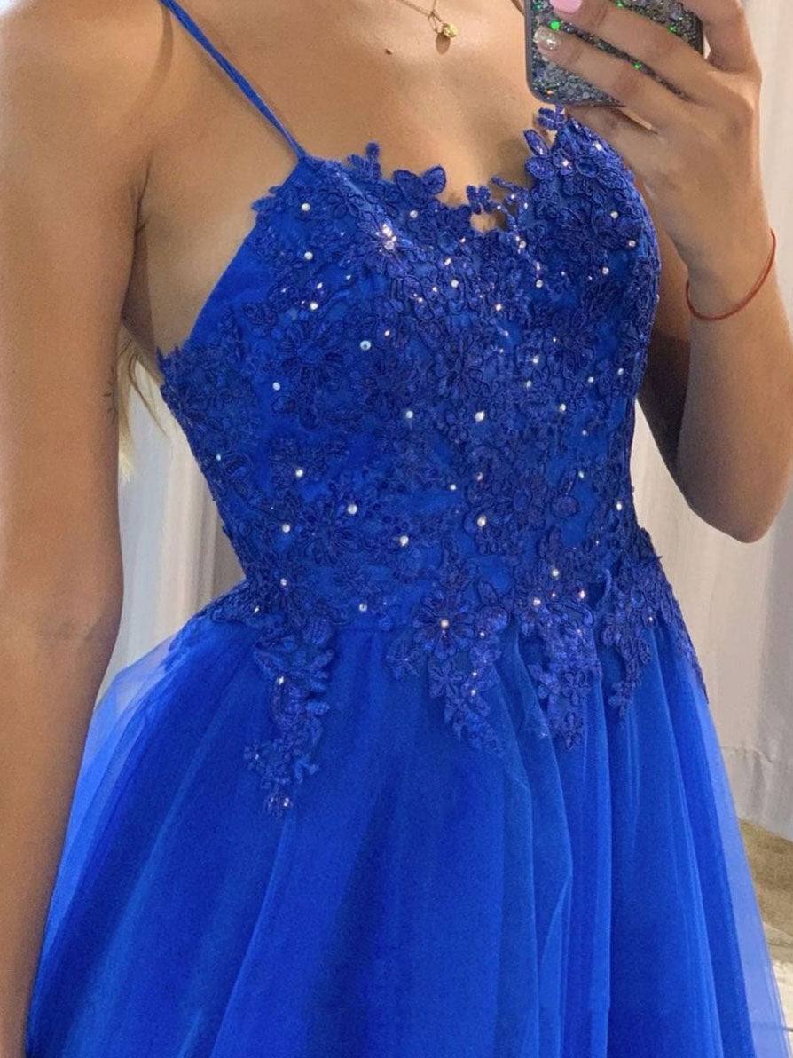 Blue tulle lace long prom dress, blue tulle lace evening dress - RongMoon