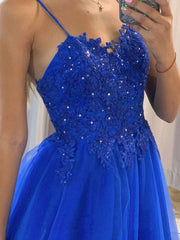 Blue tulle lace long prom dress, blue tulle lace evening dress - RongMoon