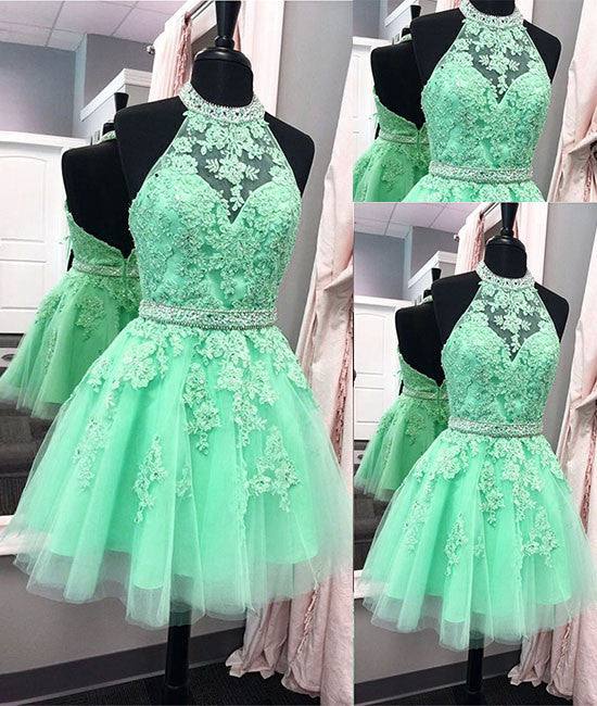 Green lace short prom dress, green homecoming dress - RongMoon