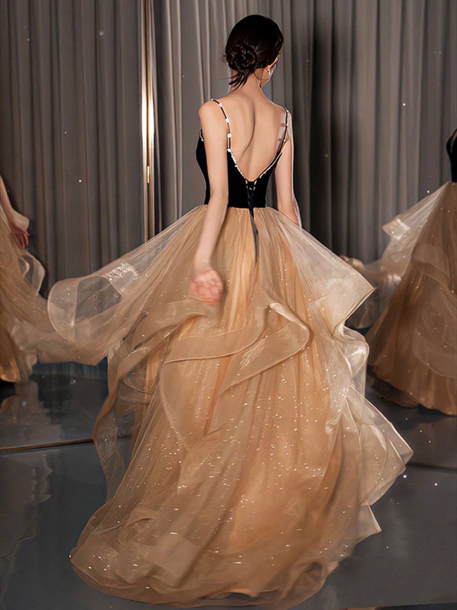 Champagne v neck tulle long prom dress, champagne evening dress - RongMoon