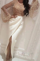 White round neck beads mermaid long prom dress white evening dress - RongMoon