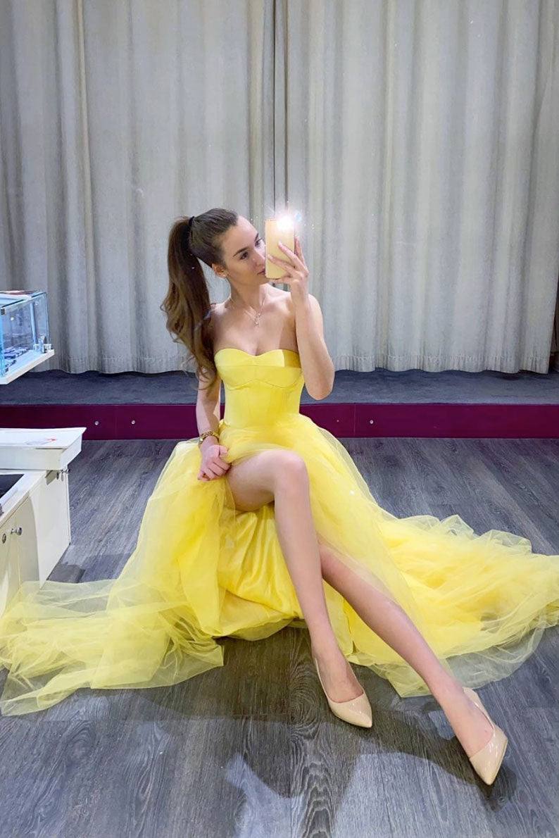 Yellow simple tulle long prom dress yellow formal dress - RongMoon