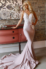 Pink mermaid lace long prom dress pink lace formal dress - RongMoon