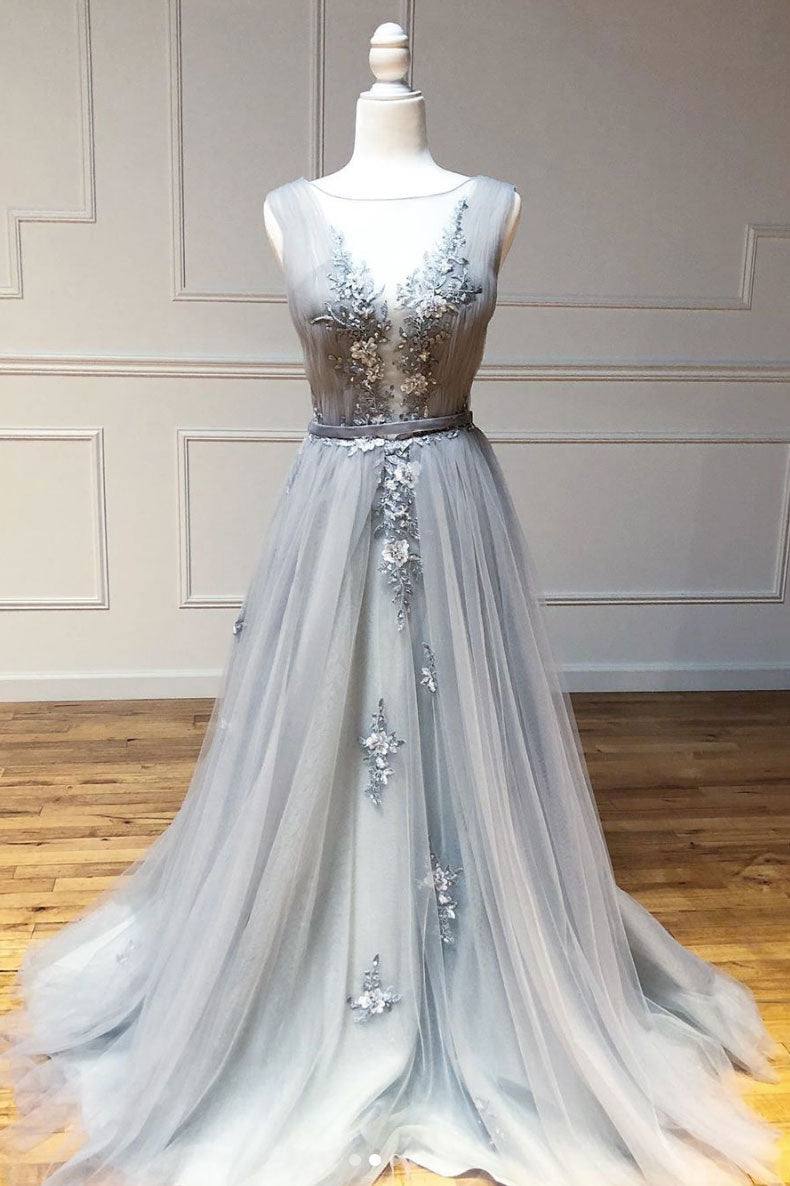 Gray round neck tulle lace long prom dress gray lace evening dress - RongMoon