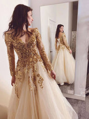 Gold v neck tulle long prom dress, gold evening dress - RongMoon