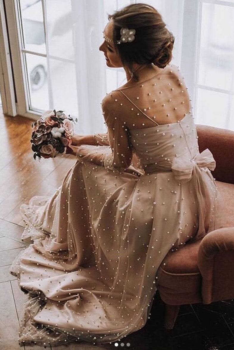 Champagne round neck tulle beads long prom dress - RongMoon