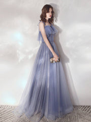 Blue A-Line Tulle Long Prom Dresses, Blue Formal Graduation Dresses - RongMoon
