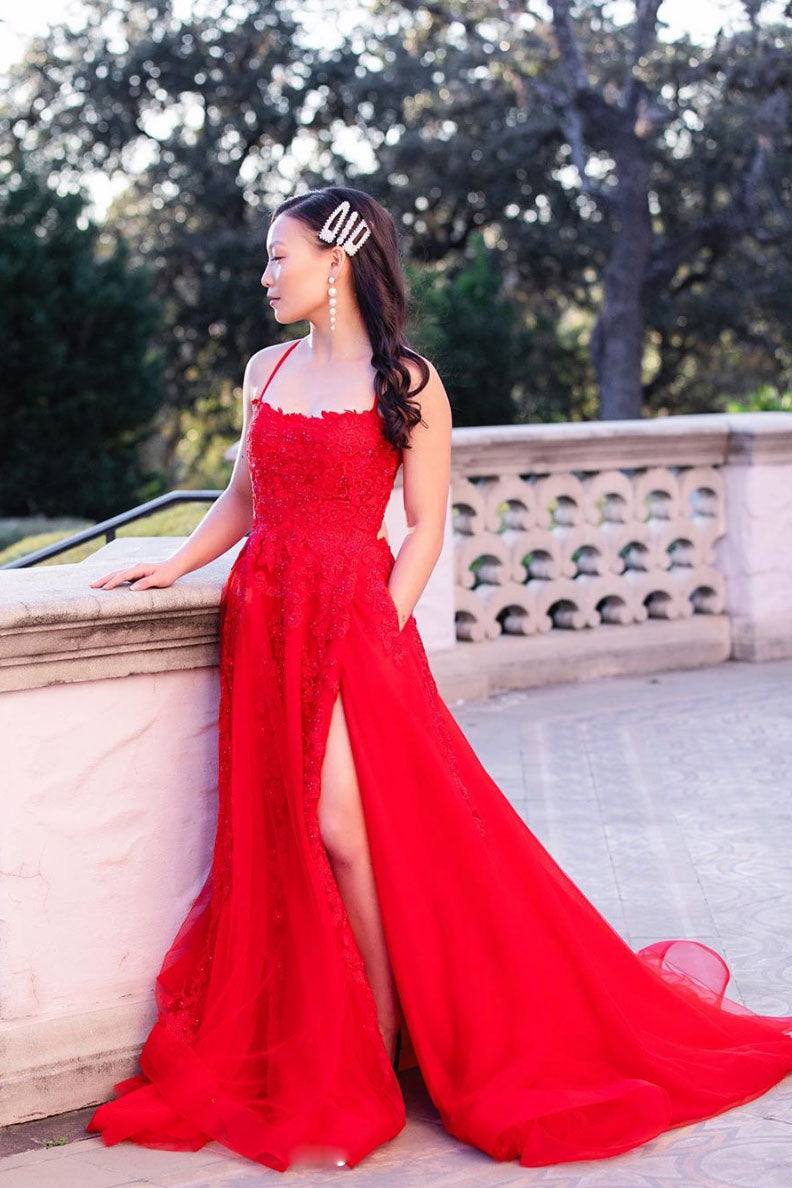 Red tulle lace long prom dress backless lace long evening dress - RongMoon