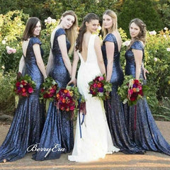 Cap Sleeves Sequins Bridesmaid Dresses, Mermaid Bridesmaid Dresses - RongMoon