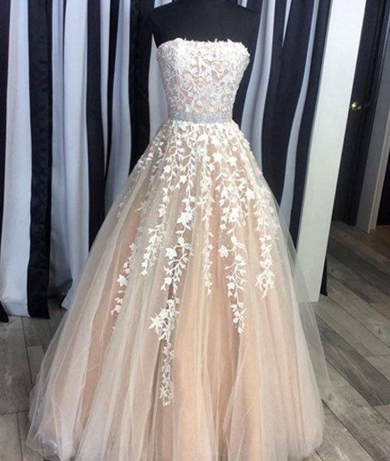 Champagne tulle lace long prom dress, evening dress - RongMoon