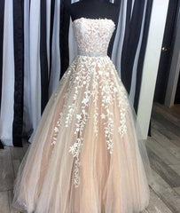 Champagne tulle lace long prom dress, evening dress - RongMoon