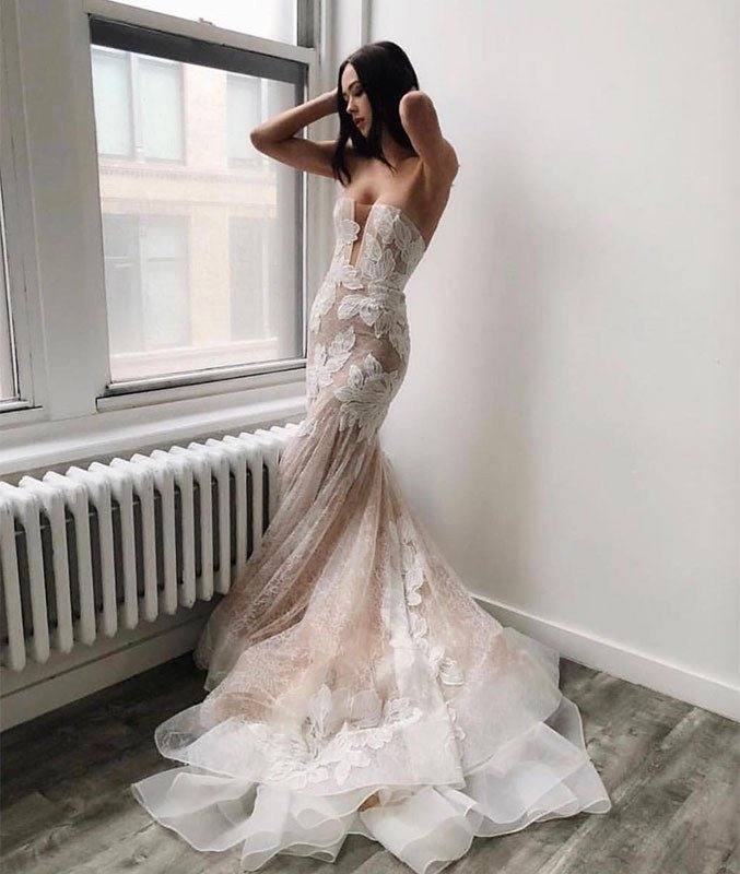 Champagne lace tulle mermaid long prom dress, lace evening dress - RongMoon