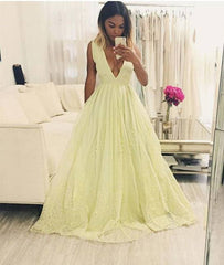 Yellow a-line v neck lace long prom dress, yellow evening dress - RongMoon