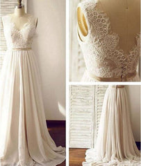 White A-line v neck chiffon lace long prom dress, bridesmaid dress - RongMoon