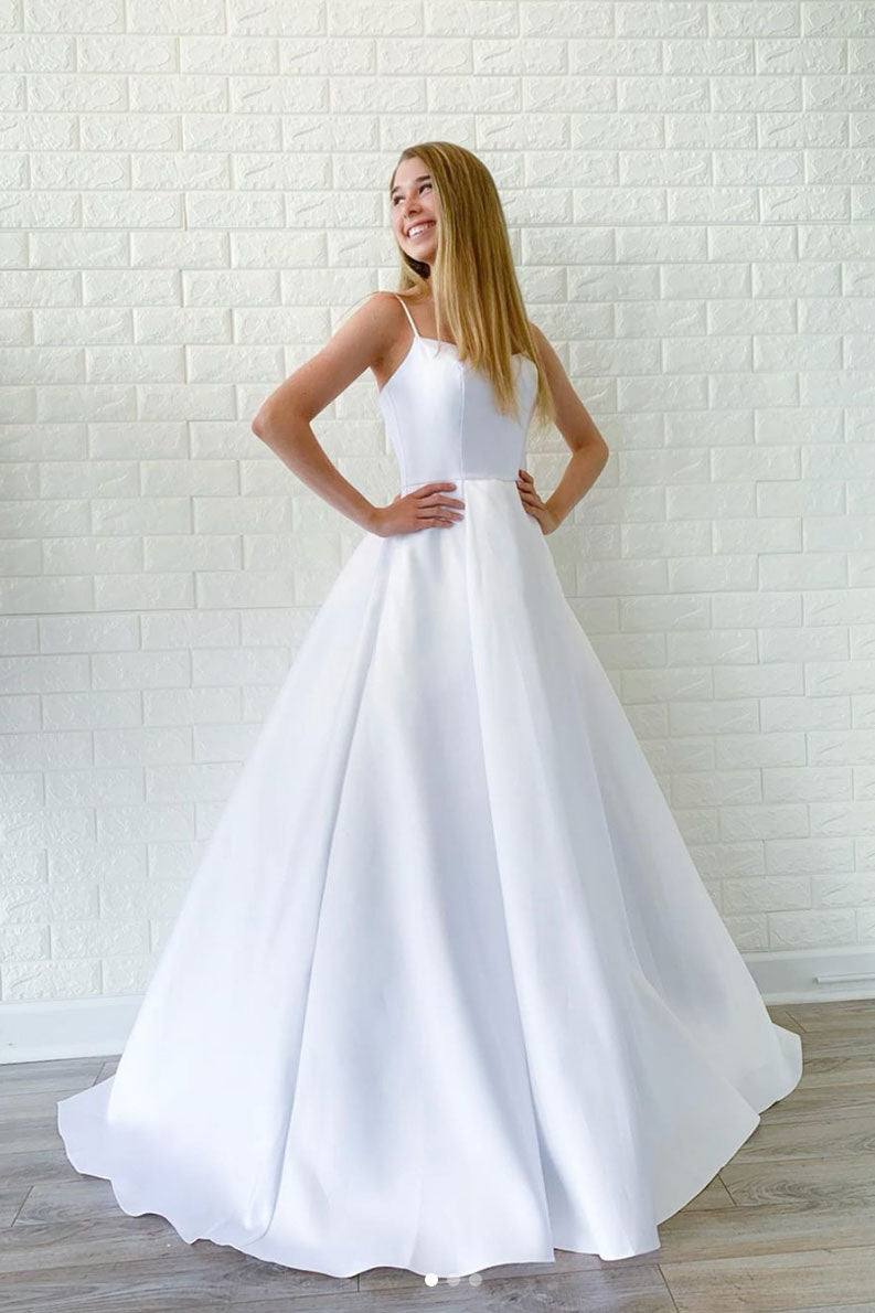 White satin long prom dress, white long evening dress - RongMoon