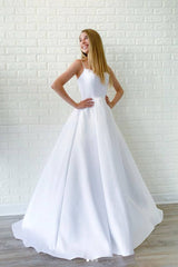 White satin long prom dress, white long evening dress - RongMoon