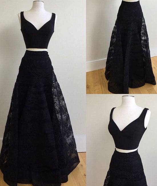 Cute black two pieces lace long prom dress, black evening dress - RongMoon