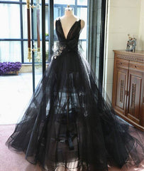 black v neck tulle long prom dress, black evening dress - RongMoon