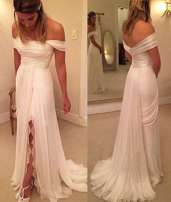 White off shoulder long prom dress, white evening dress - RongMoon
