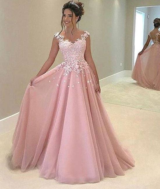Cute Pink chiffon lace prom dress, pink evening dress - RongMoon