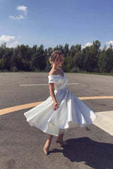 White off shoulder tea length prom dress white bridesmaid dress - RongMoon