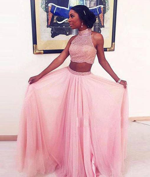 Pink Tulle Sequin Two Pieces Long Prom Dress, Pink Evening Dress - RongMoon