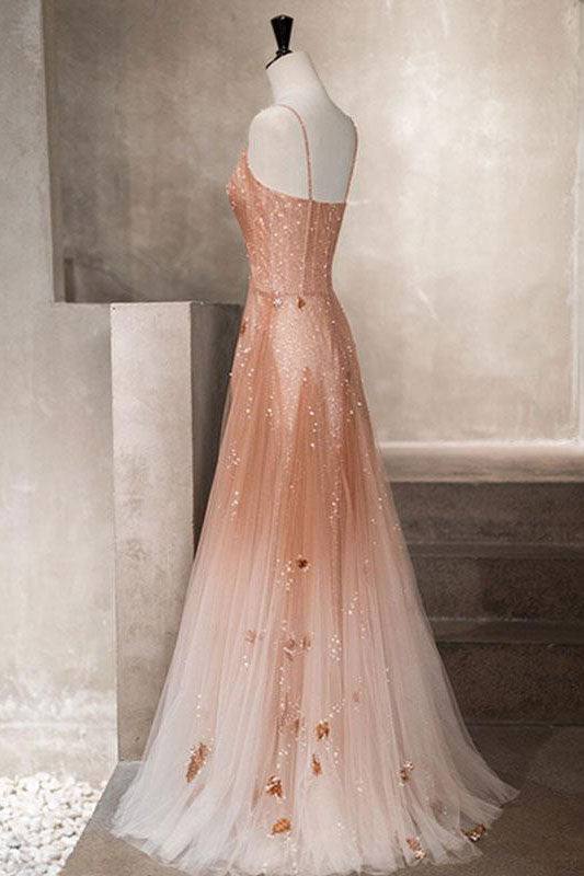 Pink tulle sequin beads long prom dress pink tulle formal dress - RongMoon
