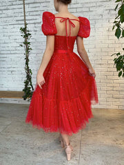 Red tulle tea length prom dress, red evening dress - RongMoon
