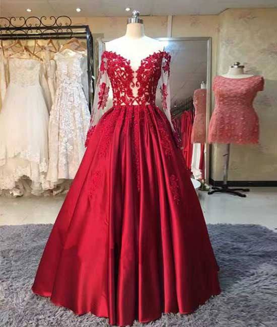 Red long sleeves lace long prom dress, red evening dress - RongMoon