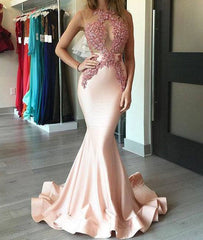 Custom made light pink satin lace mermaid long prom dress, evening dress - RongMoon