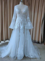 A-Line Wedding Dresses V Neck Sweep / Brush Train Lace Tulle Long Sleeve Beach Sexy Luxurious with Appliques - RongMoon